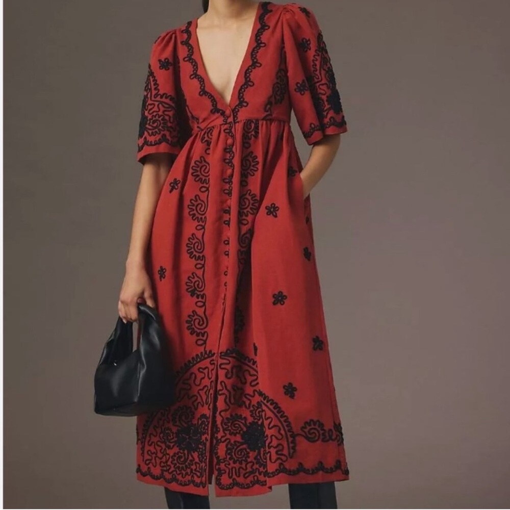 RHODE Rust Midi Dress with Black Embroidery Detailing - Picture 2 of 9
